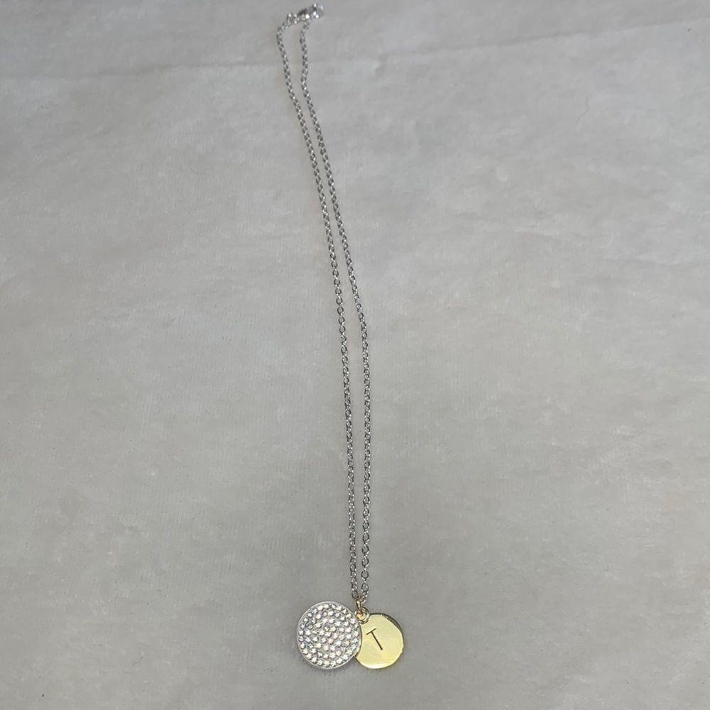 Circle Pendant Necklace, One with Rhinestones, One Gold Tone with Letter T